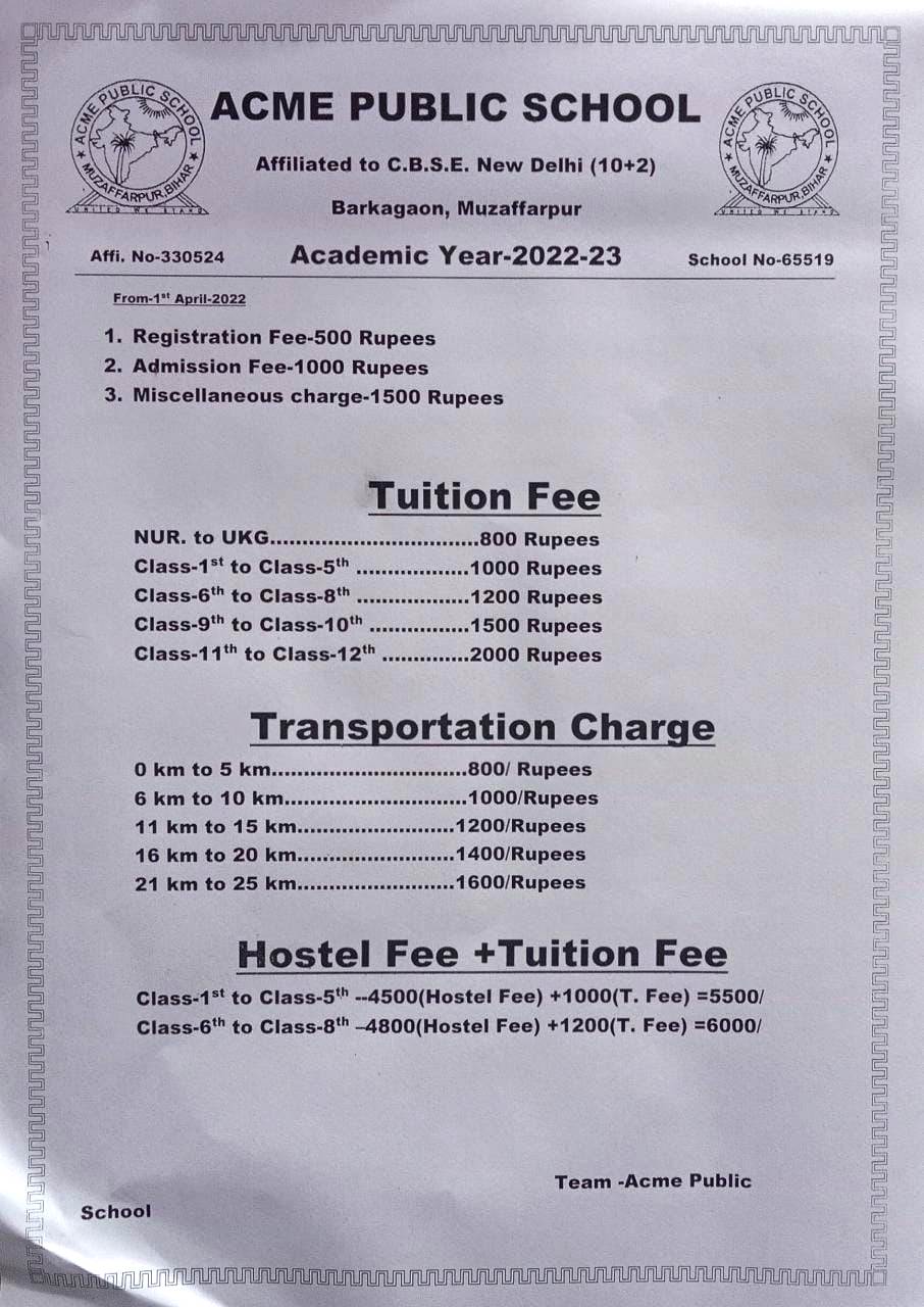 Fee Structure 2022 23 ACME Public School